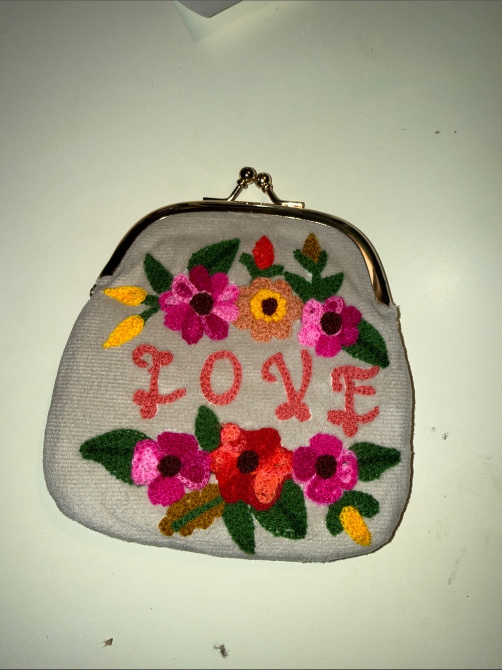 Floral Embroidered Coin Purse with LOVE - Light Gray & Pink